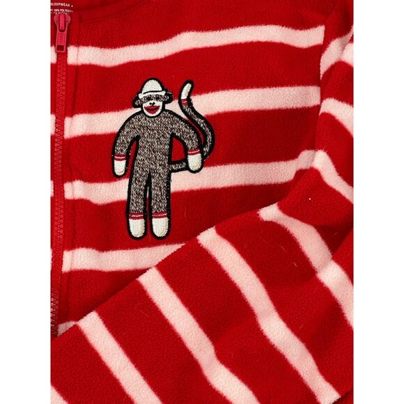 Nick & Nora Pajamas Womens One Piece Footie Red Stripe Sock Monkey Fleece Small - Picture 4 of 7